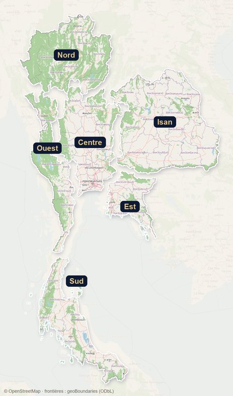 Carte des six régions de Thaïlande