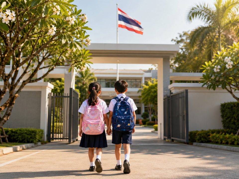 Deux écoliers en uniforme – chemise blanche, jupe ou short bleu marine – franchissent le portail d'un établissement scolaire surmonté du drapeau thaïlandais. — © Carnet Thai Deux enfants en uniforme scolaire, cartable au dos, marchant main dans la main vers le portail d'une école sous un drapeau thaïlandais.